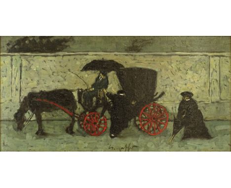 Nino Caffè, Italian (1909-1975) Oil on panel, Rainy Day Coach Ride. Signed. Good condition. Measures 5-7/8 inches tall and 11
