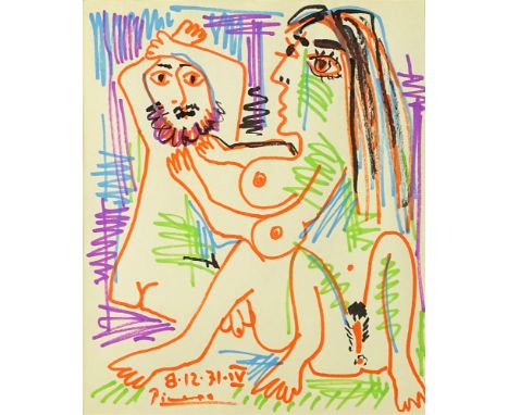 after: Pablo Picasso, Spanish (1881-1973) color lithograph, Male and Female Nudes. Signed and dated within plate. Good condit