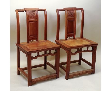 Pair of 19th C Chinese Elmwood Side Chairs. Each with a rectangular backrest, the toprail arched at the center, the splat wit