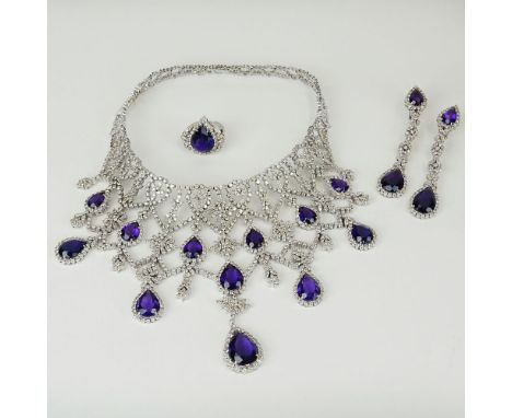 Lady's Vintage Finely Made Approx. 96.50 Carat Pear Shape Amethyst, 32.0 Carat Diamond and 18 Karat White Gold Parure Includi