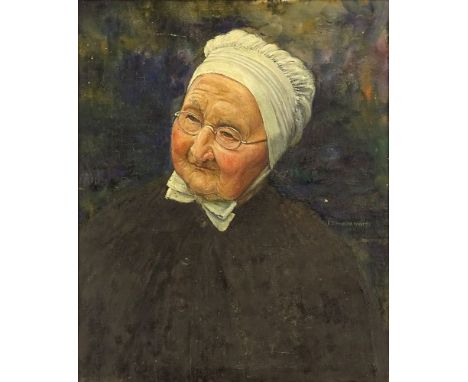 20th Century Oil on Canvas, Portrait of Old Lady. Signed F. Perrault Harry. Craquelure and paint flaking, otherwise good cond