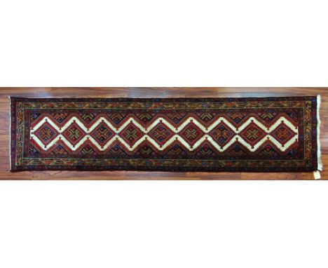 Vintage Afghan Rug Runner. Unsigned. Good condition. Measures 123 inches long, 33-1/4 inches wide. Shipping $85.00