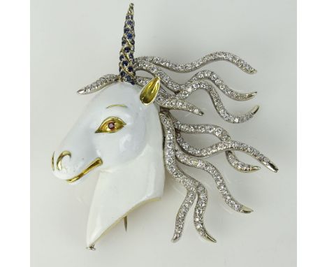 Vintage Approx. 7.50 Carat Round Cut Diamond, Enamel and 18 Karat Yellow Gold Unicorn Brooch with Sapphire and Ruby Accents. 