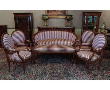 Six (6) piece Vintage Louis XVI style Carved Beechwood Salon Set including: Canapé, Four (4) Fauteuils and a Bench. Unsigned.