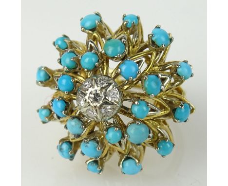 Lady's Vintage 18 Karat Yellow Gold, Single Cut Diamond and Turquoise Cluster Ring. Unsigned. Good condition. Ring size 4-1/2
