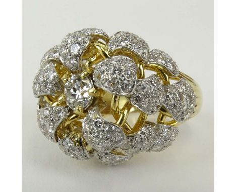Lady's Diamond and 14 Karat Yellow Gold Cluster Ring set in the Center with Approx. .85 Carat Round Cut Diamond J-K Color, SI