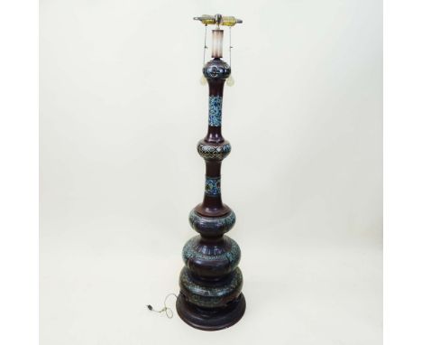 Antique Patinated Champleve Floor Lamp. Asian motif with raised panels depicting village scenes. Unsigned. Good Condition. Me