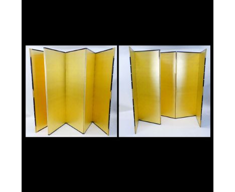 Pair of Early to Mid 20th Century Japanese Six Panel Folding Screens. Each with gold leaf on one side and gold painted silk t