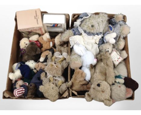 Two boxes of contemporary teddy bears, scale model bicycle, and triciclo.