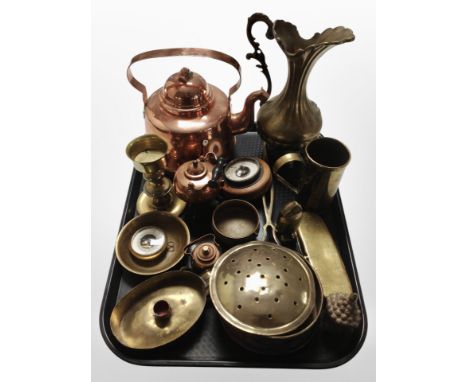 A group of brass and copper wares including teapots, turned wooden-cased barometer, brass pocket barometer, etc.