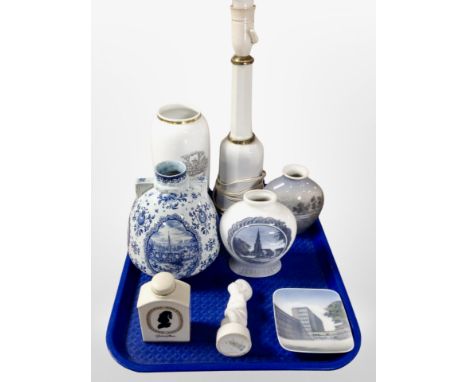 A group of Scandinavian porcelain including Royal Copenhagen and Bing and Grøndahl items, white and gilt porcelain lamp base,