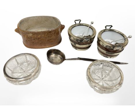 A pair of crystal salts with silver rims, further pair of salts with spoons, a small silver toddy ladle with whalebone handle