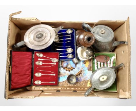 A box of 19th-century silver-plated wares, two sets of teaspoons and tongs in cases, other cutlery, turned beech candlestick,