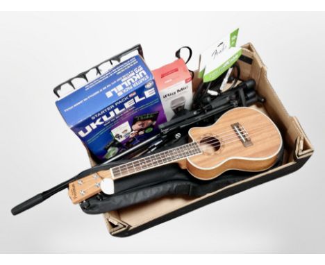 A box of musical items including Freshman ukulele in carry bag, music stands, microphone, Fender instrument cable, ukulele st