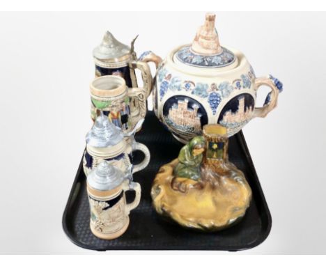 A large West German twin-handled lidded pot, together with four steins, and a further continental ceramic figural dish.