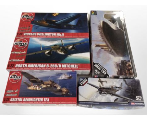 Five Academy and Airfix scale modelling kits, all military aircraft.