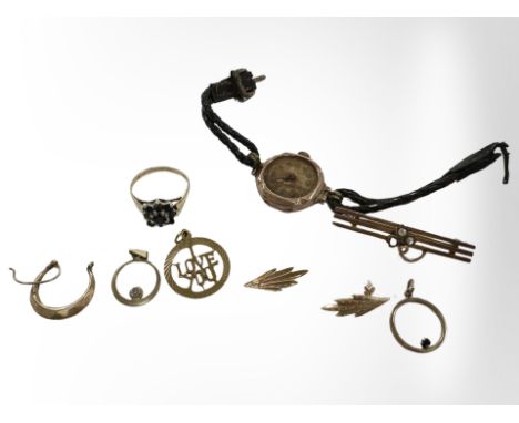A 9ct gold brooch, vintage lady's watch, rings, earrings, pendant etc CONDITION REPORT: 8.9g, excluding the wristwatch. 