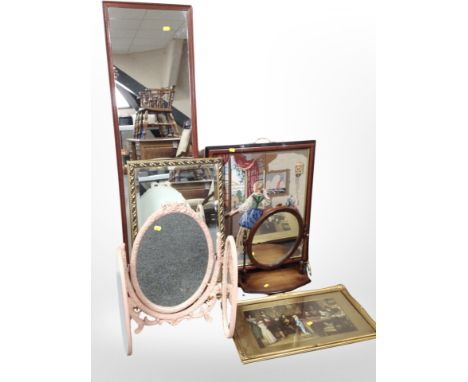 A group of reproduction mahogany and gilt mirrors, a tapestry fire screen, a triptych dressing table mirror, plus a mahogany 