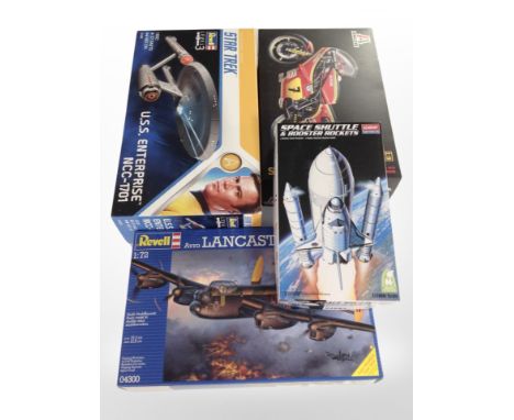 Four scale modelling kits including Revell Star Trek USS Enterprise, Lancaster Bomber, Italeri Suzuki RG500XR27 Motorbike, an