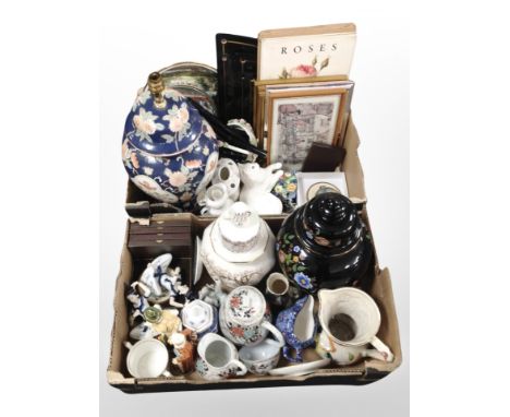 Two boxes containing lidded ceramic vases, figurines, Ringtons Chintz items, pictures, collector's plates, etc.