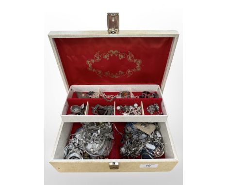 A jewellery box of silver and costume jewellery, dress rings, necklaces, silver torque bangle, cuff links etc 