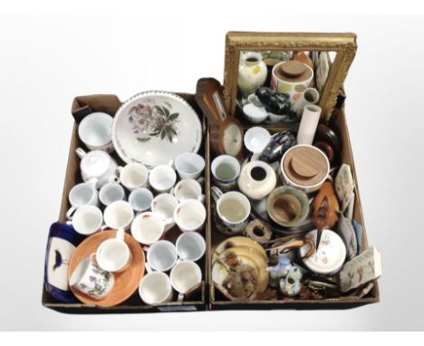 Two boxes containing Ringtons mugs, Portmeirion bowl, oak barometer and other wooden items, ceramics, gilt-framed mirror, clo