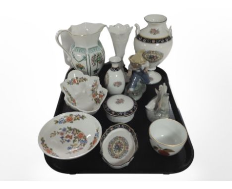 A group of cabinet porcelain including Aynsley Cottage Garden pedestal bowl, Wedgwood Runnymede twin-handled vase, Aynsley Vi