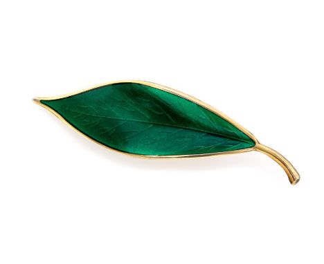 Willy Winnaess for David Andersen - a Norwegian silver and enamel leaf brooch, approx 7cm long, gross weight 9.2gms