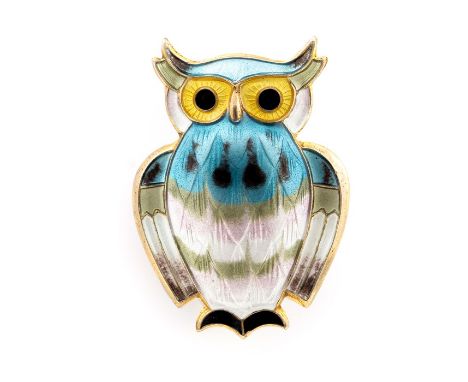 David Andersen - a Norwegian silver and enamel owl brooch, approx 3.9cm x 2.8cm, c.1970s