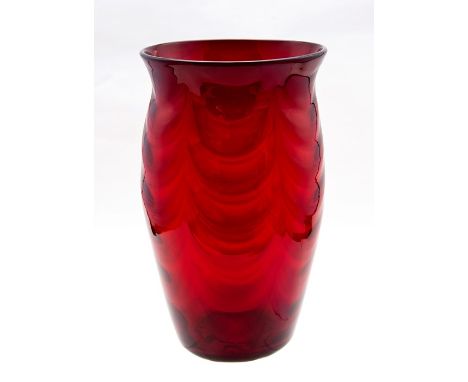 Whitefriars ruby red wave ribbed vase. M Powell. Patt 7098 c.1940. Height 26cm