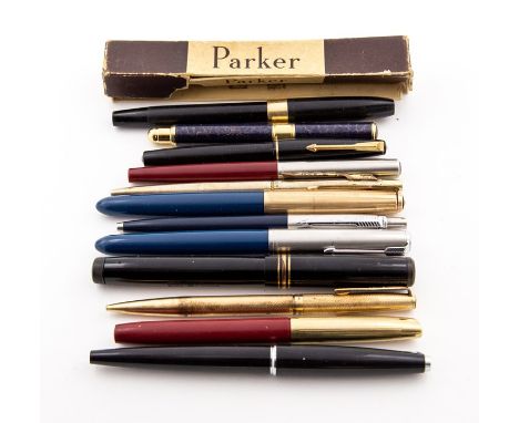 A Minka iridium point fountain pen; five Parker fountain pens; two Parker ball points; yardioled ball point; Sheaffers founta