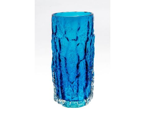 Whitefriars cylindrical bark vase c.1970. G. Baxter. Patt 9691 Kingfisher Blue