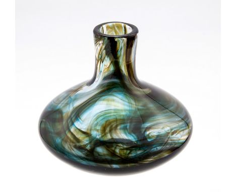 Whitefriars rare shape smoke/ turquoise streaks. Poss experimental colour c.1971. G BaxterHeight 14cmDiameter 15cmCondition: 