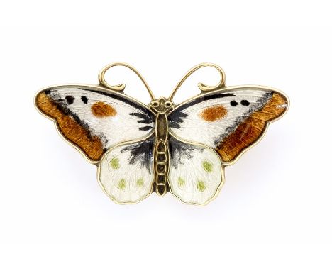 Hroar Prydz - a Norwegian silver and enamel butterfly brooch, in tones of white brown and green, approx 3.6cm wide, gross wei