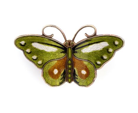 Hroar Prydz - a Norwegian silver and enamel butterfly brooch, in green, white and brown tones, approx 5cm wide, gross weight 