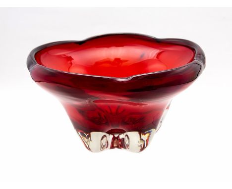 Whitefriars ruby red heavy lobed footed bowl inturned rim Patt 9407 c.1954. G Baxter