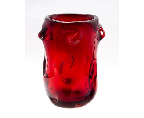 Whitefriars ruby knobbly vase. G Baxter Patt 9610. c.1964. Height 22cm