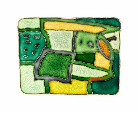 David Andersen - a Norwegian silver and enamel four seasons brooch, Winter, green and yellow textured enamel, approx 4.3cm x 