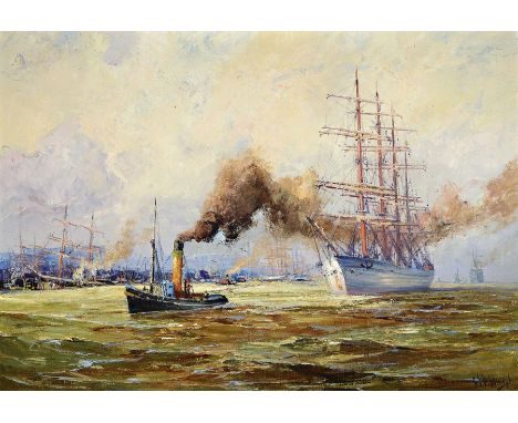 Adolf Schuhknecht, 1889 - 1963 Rotenburg,  Dampfschlepper zieht 4-Master in den Hafen, pastoser Farbauftrag, rechts unten sig