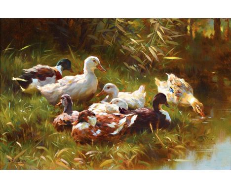 Sergio Budicin, geb. 1939,  Enten am Ufer, Öl/Malkarton, links unten signiert, ca. 20x30cm, R. ca. 31x41cmSergio Budicin, bor
