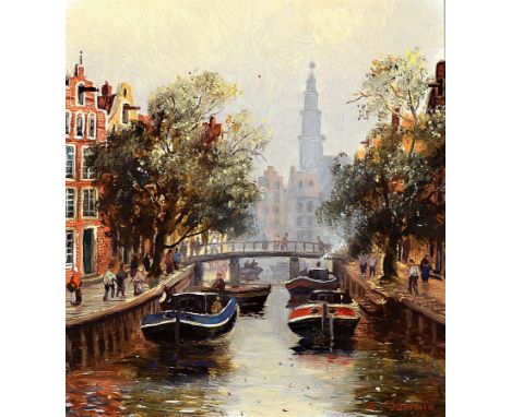 Erich Demmin, 1911 Ivenack-1997 Berlin,  Ansicht aus Amsterdam mit Booten auf der Gracht, Öl/Holz, rechts unten signiert, ca.