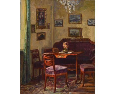 Eugen Wolff, 1873 Schloß Filseck bei Göppingen-1937 München,  Interieur mit einer Biedermeier Sitzgruppe und mehreren Gemälde