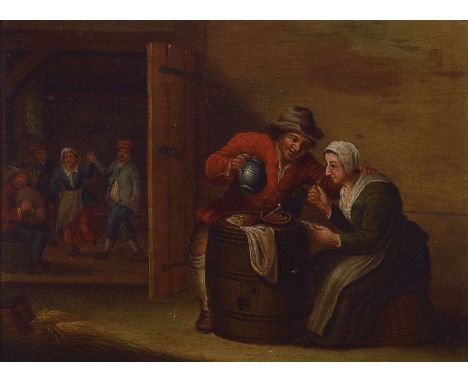 Unbekannter Künstler, Niederlande, um 1760-1780,  Wirtshausinterieur, im rechten Vordergrund Paar beim Essen, im linken Hinte