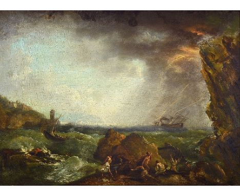 Zuschreibung: Claude Joseph Vernet, 1714 Avignon-1789 Paris,  Schiffbrüchige nach der Rettung am Strand, Öl/Holz, feine detai