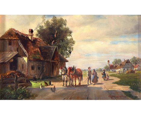 Ludwig Müller-Cornelius, 1864-1943 München,  Bauer mit zwei Ackerpferden vor dem Stall, im Gespräch mit einer Frau, Öl/Holz, 