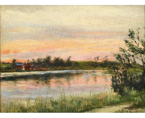 G. Albrechtsen, Maler der 1. Hälfte des 20. Jh.,  Flusslandschaft mit Bauernhaus am Ufer, Abendstimmung, Öl/Lwd, rechts unten