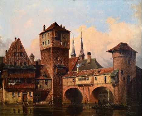 Maria Becker, Künstlerin des 19.Jh.,  zwei Ansichten der Nürnberger Altstadt, a. wohl stilisierte Ansicht der Nürnberger Alts