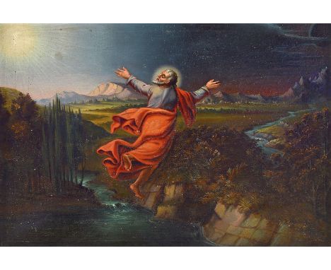 Unbekannter Maler, deutsch, um 1760-1780,  Die Schöpfung, Gottvater schwebend über der Landschaft mit Bergen, Fluss etc., am 