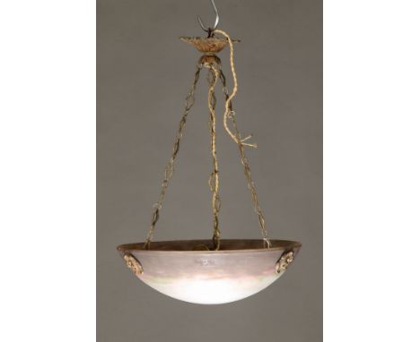 Deckenlampe, Muller Freres Luneville, 1920er Jahre,  farbloses Glas, mit violetten, rosefarbenen und grünen Einpuderungen, si