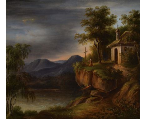 Emilie Reinbek, datiert 1840,  romantische Landschaft mit See und Kapelle mitbetendem Mönch vor einem Kreuz, Öl/Lwd, feine la